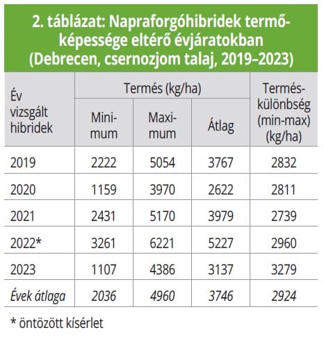 napraforgóhibridek termőképessége