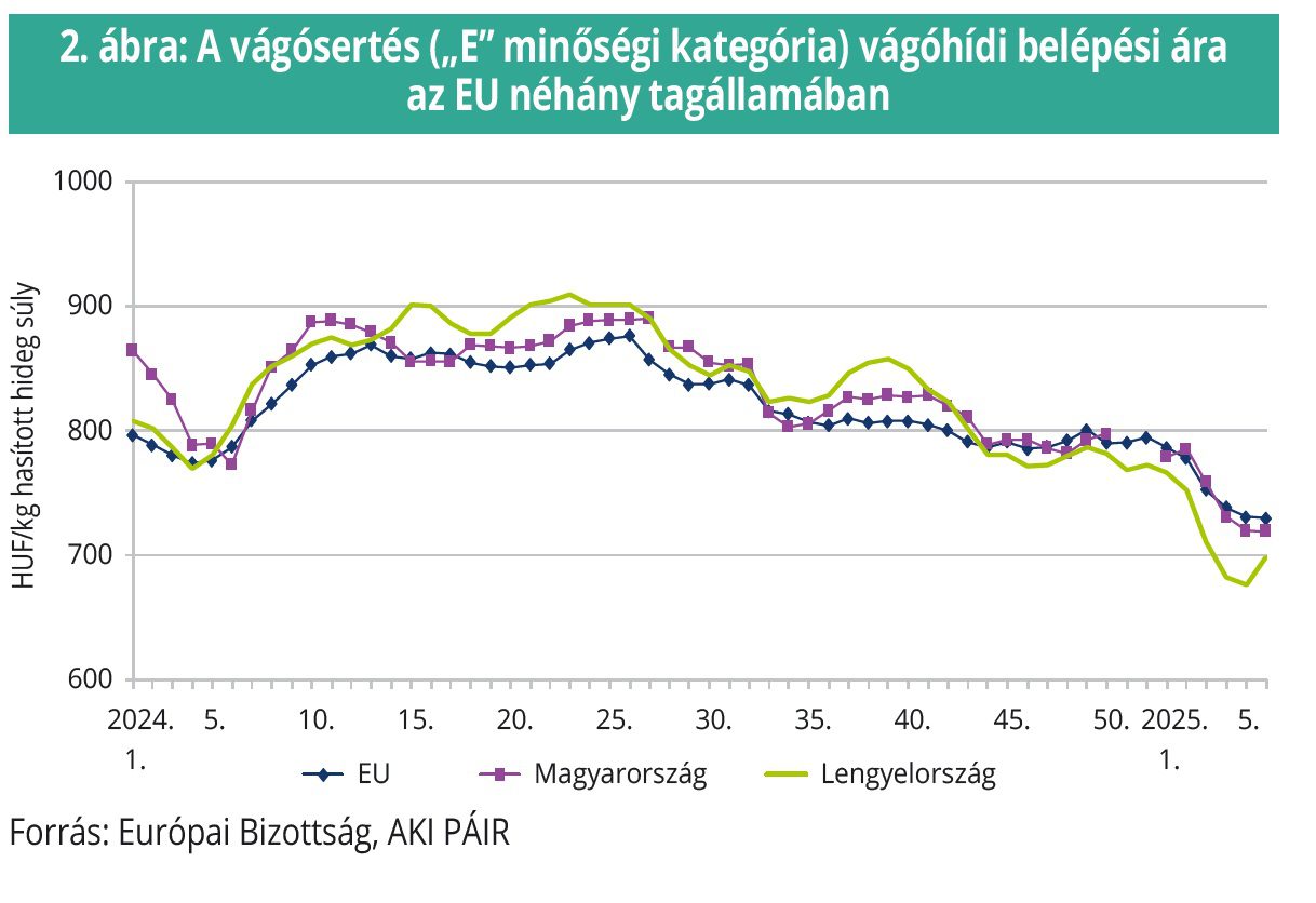 A vágósertés („E” minőségi kategória) vágóhídi belépési ára az EU néhány tagállamában