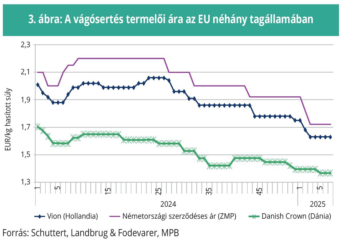 A vágósertés termelői ára az EU néhány tagállamában