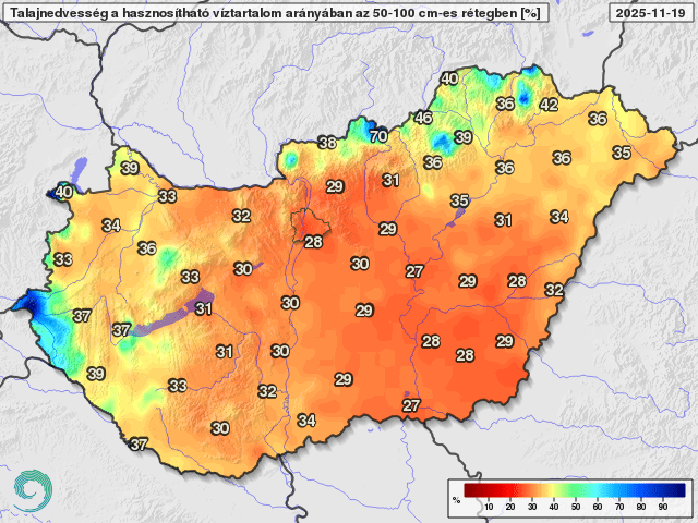 Talajnedvesség a talaj 50-100 centiméteres rétegében a növények számára hasznosítható vízmennyiség arányában 2025. november 19-én (%)