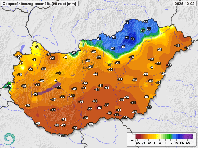 Az elmúlt 90 nap csapadékösszegének eltérése a sokéves átlagtól 2025. december 2-ig (mm)