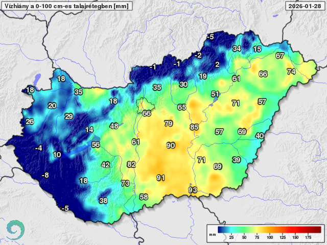 A talaj felső egy méteres rétegének telítettséghez képesti vízhiánya 2026. január 28-án (mm) 