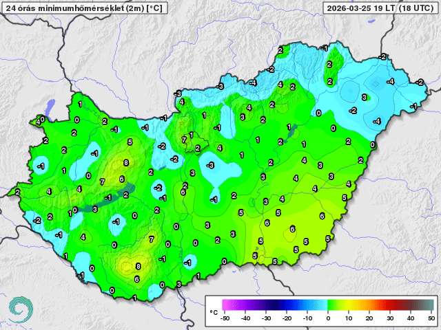 Minimum hőmérsékletek 2026. március 25-én (Celsius fok) 