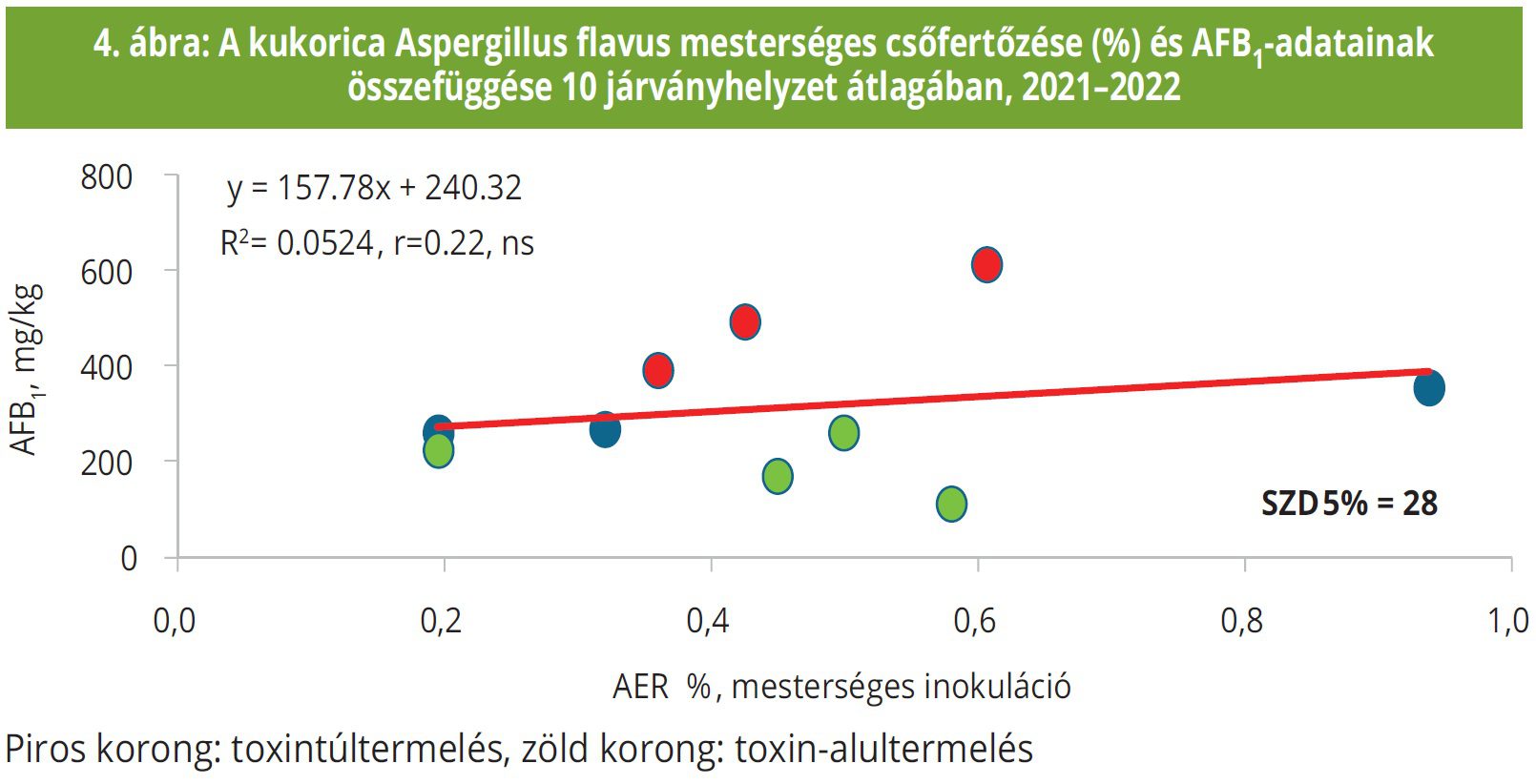 4. ábra: A kukorica Aspergillus flavus mesterséges csőfertőzése (%) és AFB1-adatainak összefüggése 10 járványhelyzet átlagában, 2021–2022