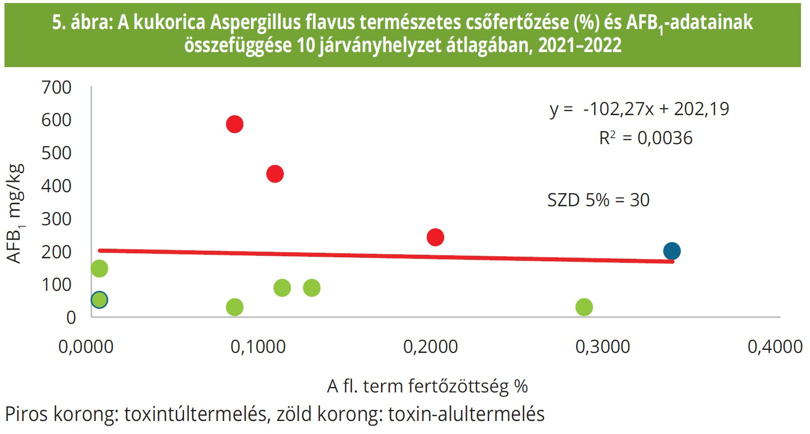  5. ábra: A kukorica Aspergillus flavus természetes csőfertőzése (%) és AFB1-adatainak összefüggése 10 járványhelyzet átlagában, 2021–2022 