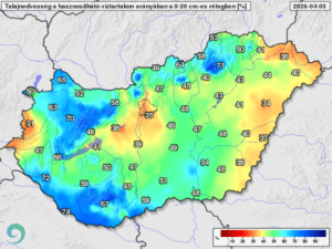 Talajnedvesség a talaj felső 20 centiméteres rétegében a növények számára hasznosítható vízmennyiség arányában 2026. április 5-én (%)
