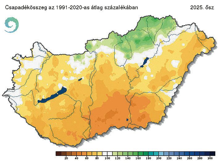 1. ábra: Csapadékösszeg az 1991–2020-as átlag %-ában2025 őszén (átlag: 130 milliméter, 82%)