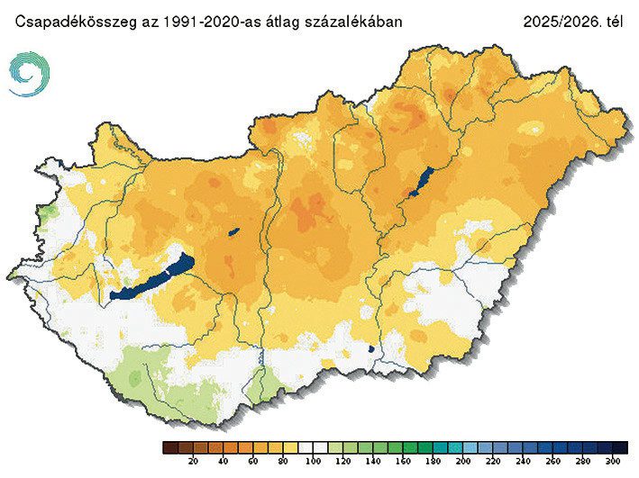 2. ábra: Csapadékösszeg az 1991–2020-as átlag %-ában2025–2026 telén (átlag: 99,6 milliméter, 84%)